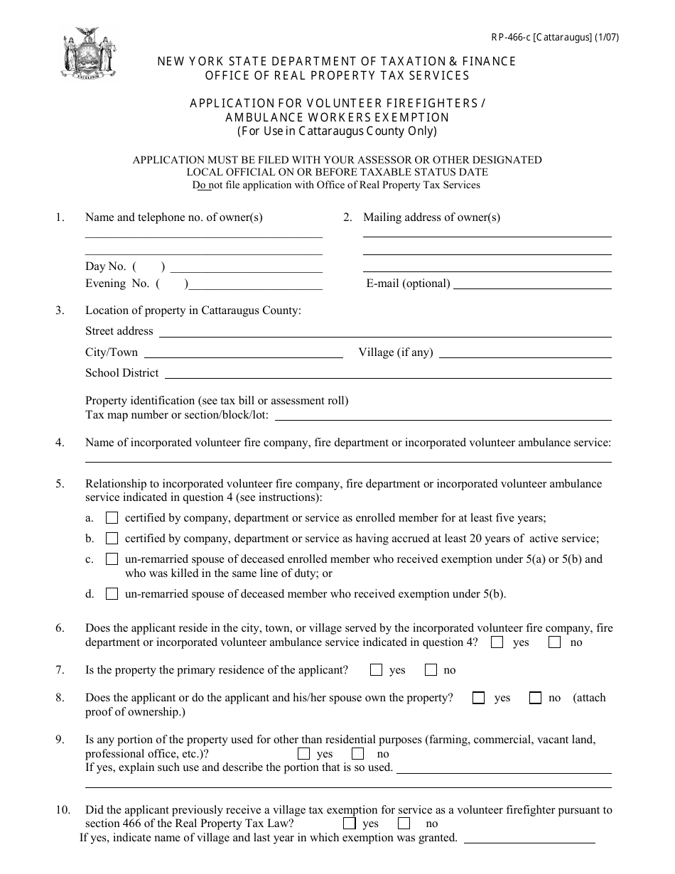 Form RP-466-C [CATTARAUGUS] Application for Volunteer Firefighters / Ambulance Workers Exemption (For Use in Cattaraugus County Only) - New York, Page 1