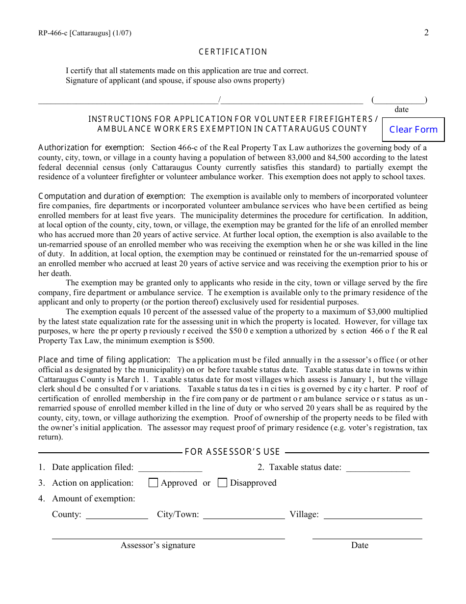 Form RP-466-C [CATTARAUGUS] Application for Volunteer Firefighters / Ambulance Workers Exemption (For Use in Cattaraugus County Only) - New York, Page 2