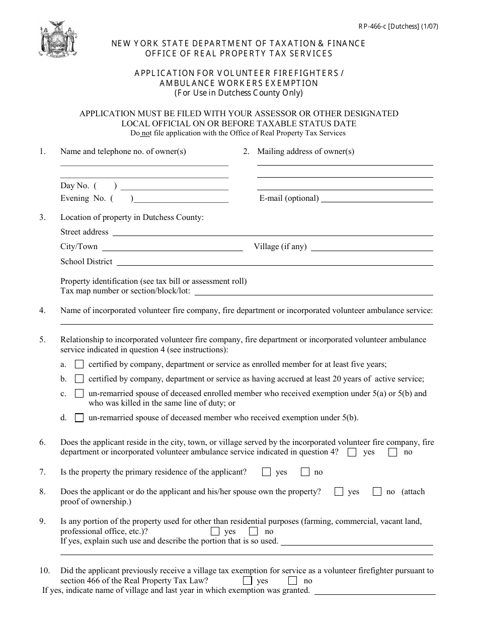 Form RP-466-C [DUTCHESS] Application for Volunteer Firefighters / Ambulance Workers Exemption (For Use in Dutchess County Only) - New York, Page 1