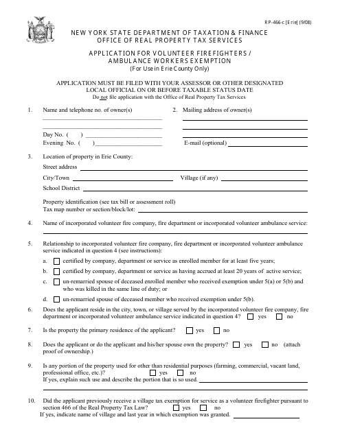 Form RP-466-C [ERIE] Application for Volunteer Firefighters / Ambulance Workers Exemption (For Use in Erie County Only) - New York