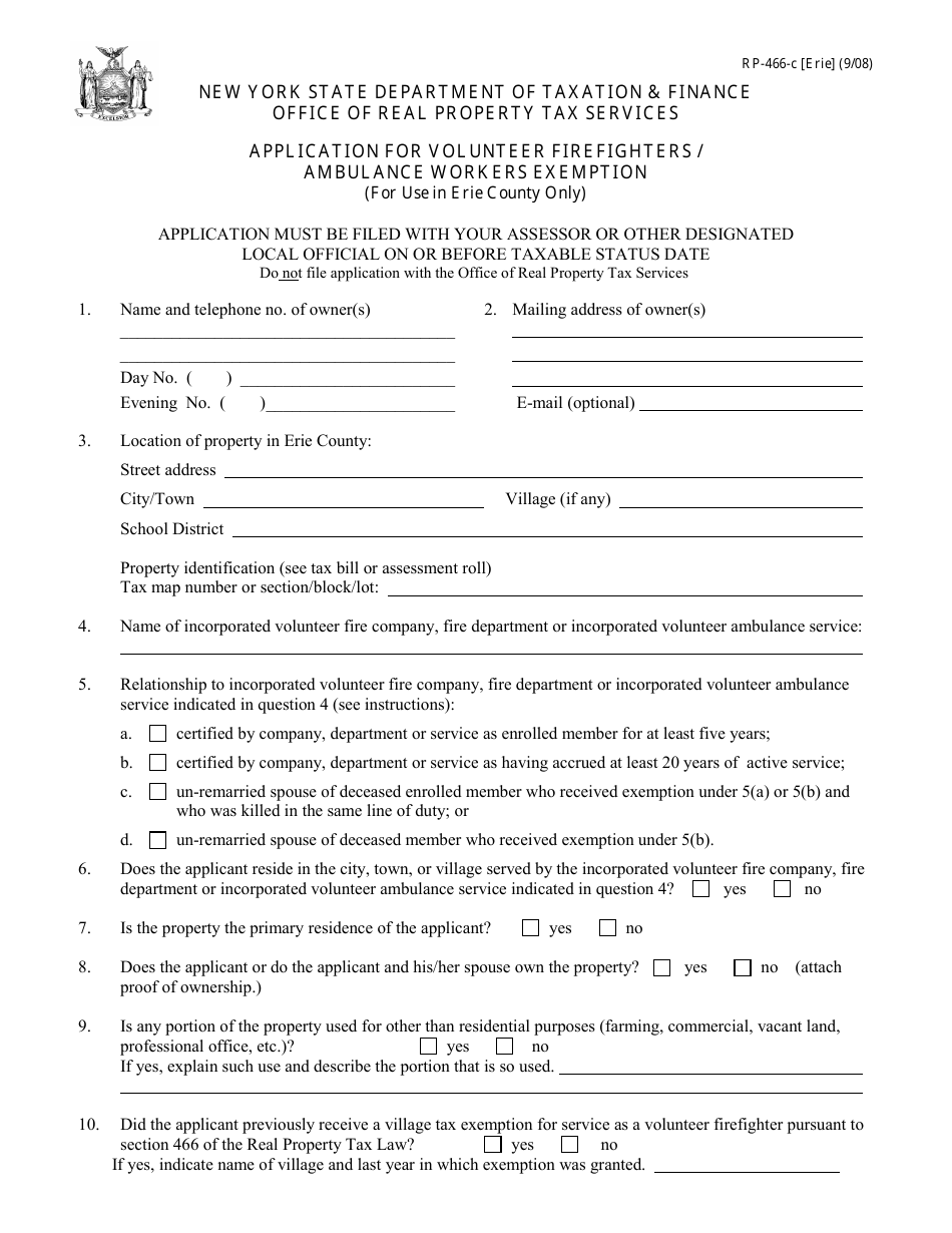 Form RP-466-C [ERIE] Application for Volunteer Firefighters / Ambulance Workers Exemption (For Use in Erie County Only) - New York, Page 1