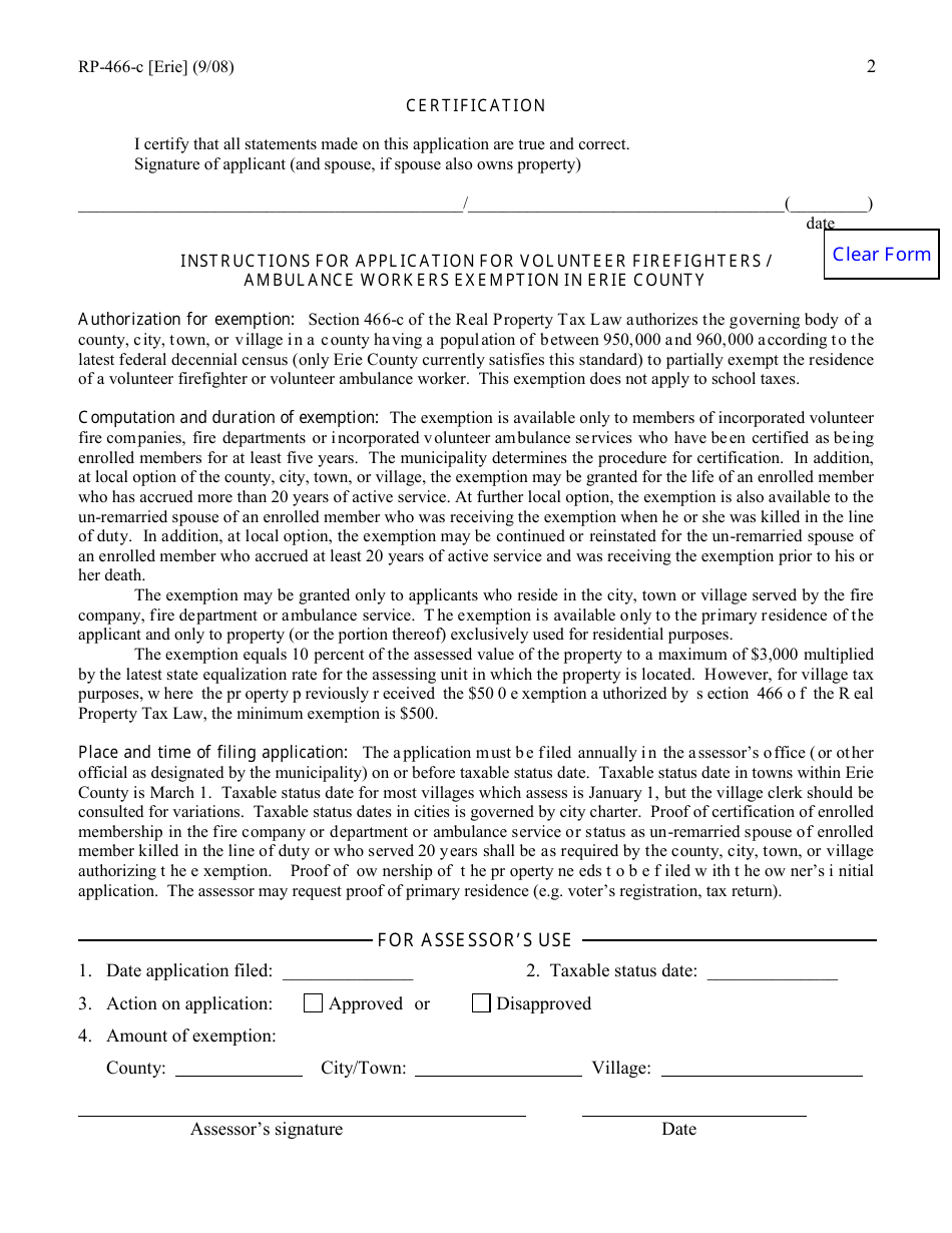 Form RP-466-C [ERIE] Application for Volunteer Firefighters / Ambulance Workers Exemption (For Use in Erie County Only) - New York, Page 2