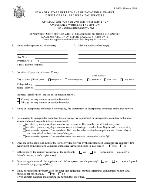 Form RP-466-C [NASSAU] Application for Volunteer Firefighters / Ambulance Workers Exemption (For Use in Nassau County Only) - New York
