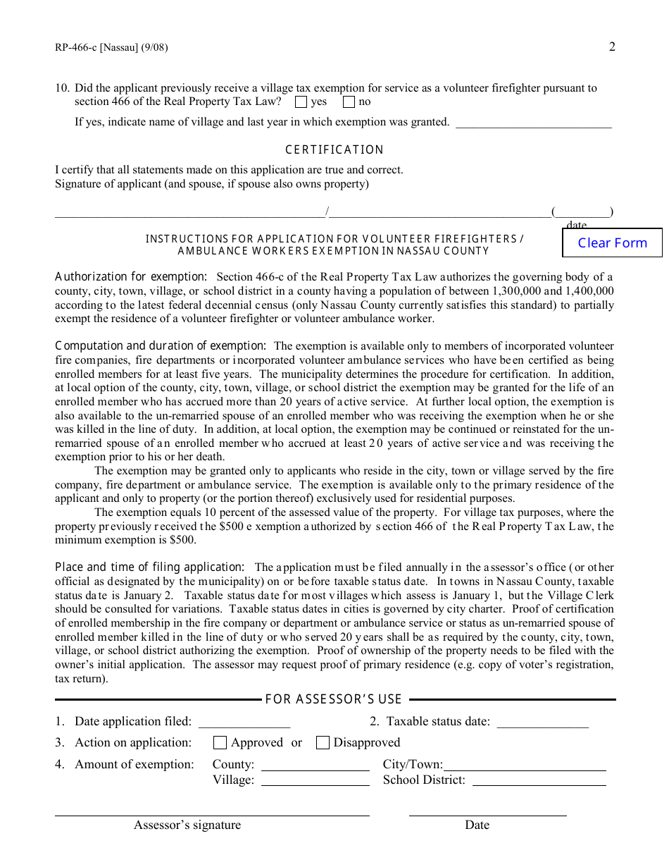 Form RP-466-C [NASSAU] Application for Volunteer Firefighters / Ambulance Workers Exemption (For Use in Nassau County Only) - New York, Page 2
