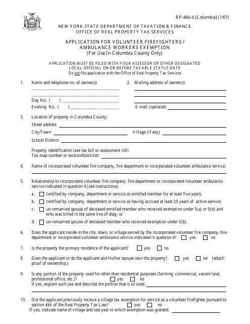 Form RP-466-D [COLUMBIA] Application for Volunteer Firefighters / Ambulance Workers Exemption (For Use in Columbia County Only) - New York