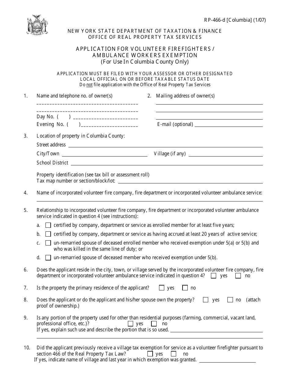 Form RP-466-D [COLUMBIA] Application for Volunteer Firefighters / Ambulance Workers Exemption (For Use in Columbia County Only) - New York, Page 1