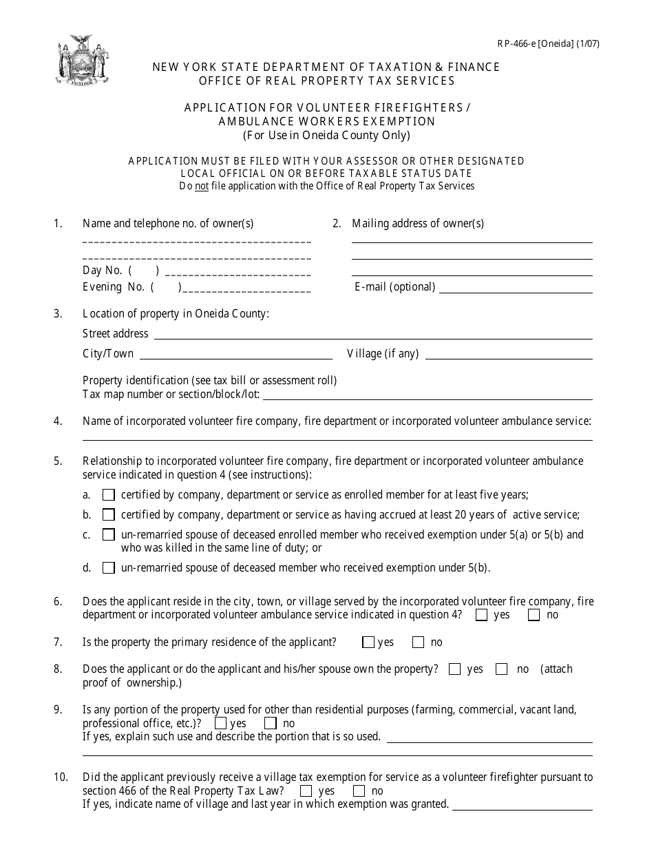 Form RP-466-E [ONEIDA] Application for Volunteer Firefighters / Ambulance Workers Exemption (For Use in Oneida County Only) - New York, Page 1
