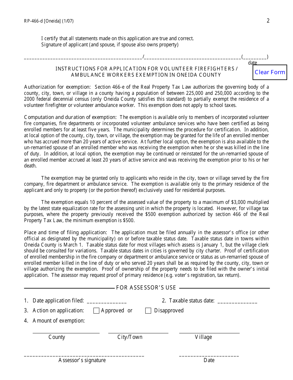 Form RP-466-E [ONEIDA] Application for Volunteer Firefighters / Ambulance Workers Exemption (For Use in Oneida County Only) - New York, Page 2
