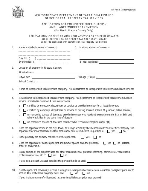 Form RP-466-D [NIAGARA] Application for Volunteer Firefighters / Ambulance Workers Exemption (For Use in Niagara County Only) - New York