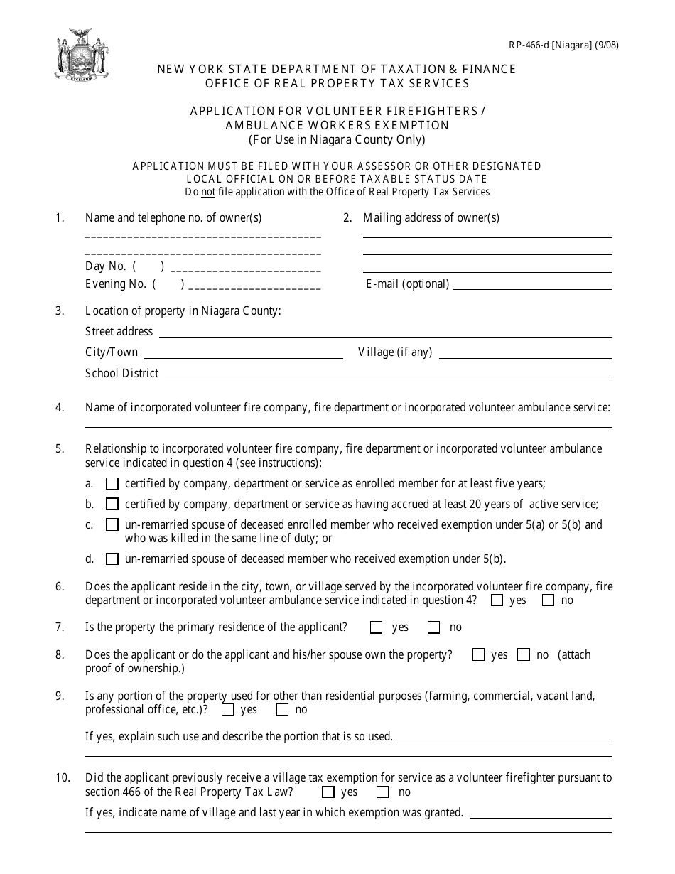 Form RP-466-D [NIAGARA] Application for Volunteer Firefighters / Ambulance Workers Exemption (For Use in Niagara County Only) - New York, Page 1