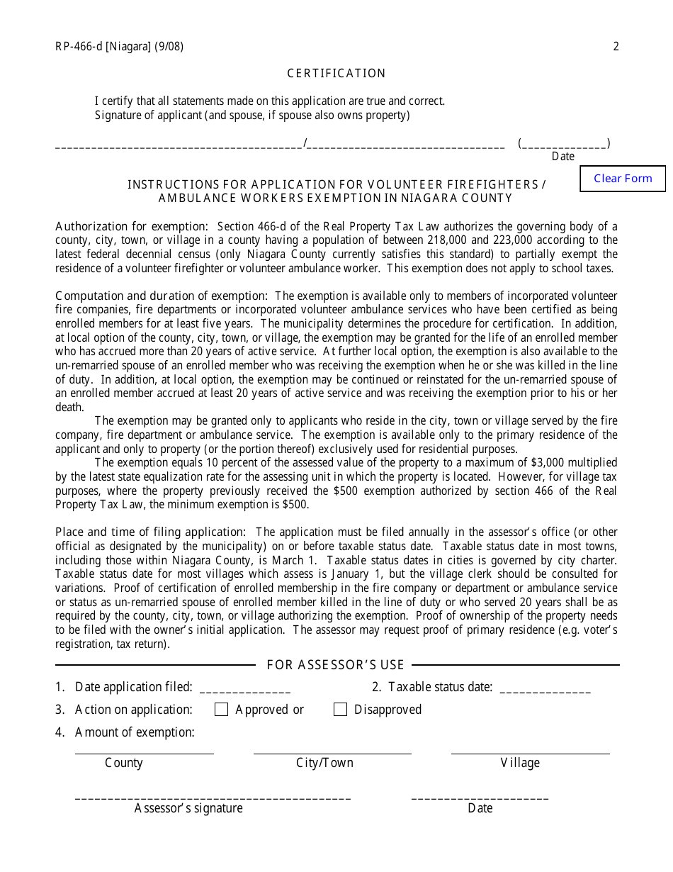 Form RP-466-D [NIAGARA] Application for Volunteer Firefighters / Ambulance Workers Exemption (For Use in Niagara County Only) - New York, Page 2