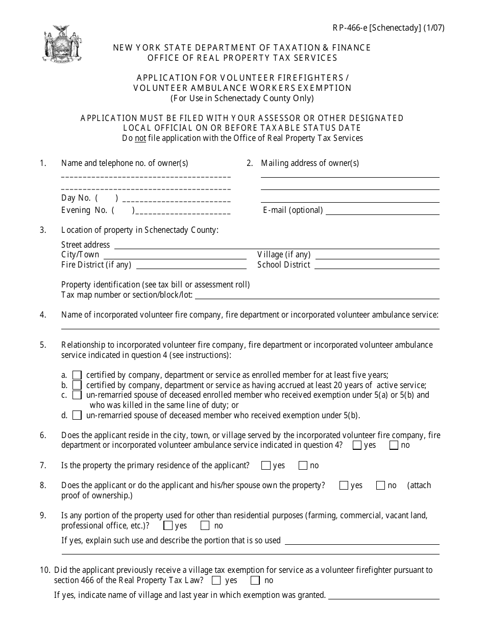 Form RP-466-E [SCHENECTADY] Application for Volunteer Firefighters / Volunteer Ambulance Workers Exemption (For Use in Schenectady County Only) - New York, Page 1