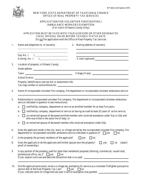Form RP-466-D [ORLEANS] Application for Volunteer Firefighters / Ambulance Workers Exemption (For Use in Orleans County Only) - New York