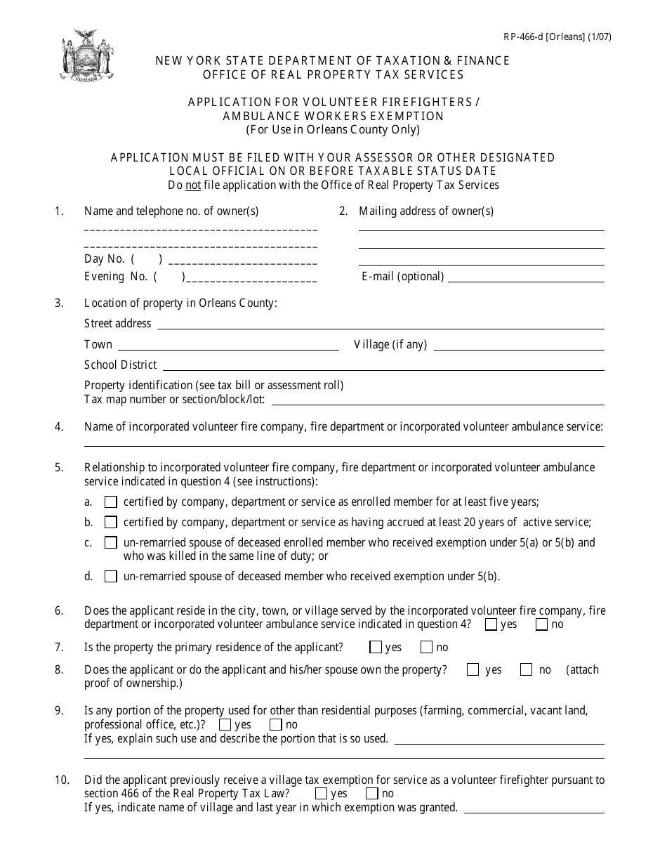 Form RP-466-D [ORLEANS] Application for Volunteer Firefighters / Ambulance Workers Exemption (For Use in Orleans County Only) - New York, Page 1