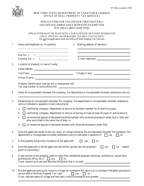 Form RP-466-E [LEWIS] Application for Volunteer Firefighters / Volunteer Ambulance Workers Exemption (For Use in Lewis County Only) - New York
