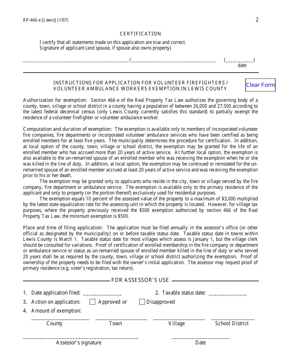Form RP-466-E [LEWIS] Application for Volunteer Firefighters / Volunteer Ambulance Workers Exemption (For Use in Lewis County Only) - New York, Page 2