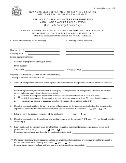 Form RP-466-G [SCHOHARIE] Application for Volunteer Firefighters / Ambulance Workers Exemption (For Use in Saratoga County Only) - New York
