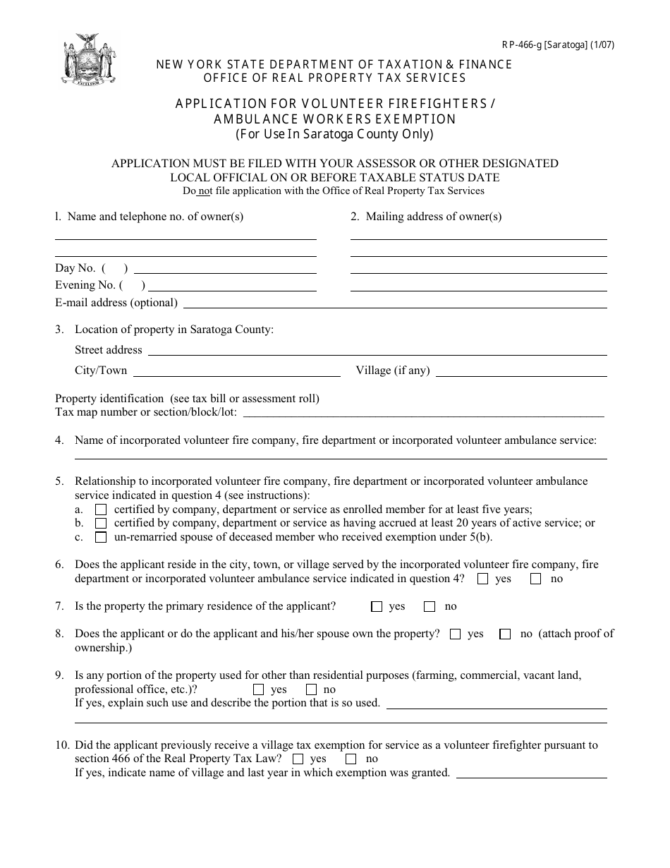 Form RP-466-G [SCHOHARIE] Application for Volunteer Firefighters / Ambulance Workers Exemption (For Use in Saratoga County Only) - New York, Page 1