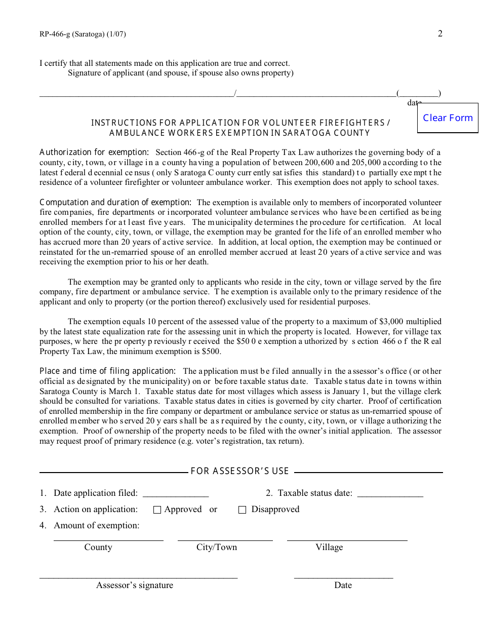 Form RP-466-G [SCHOHARIE] Application for Volunteer Firefighters / Ambulance Workers Exemption (For Use in Saratoga County Only) - New York, Page 2