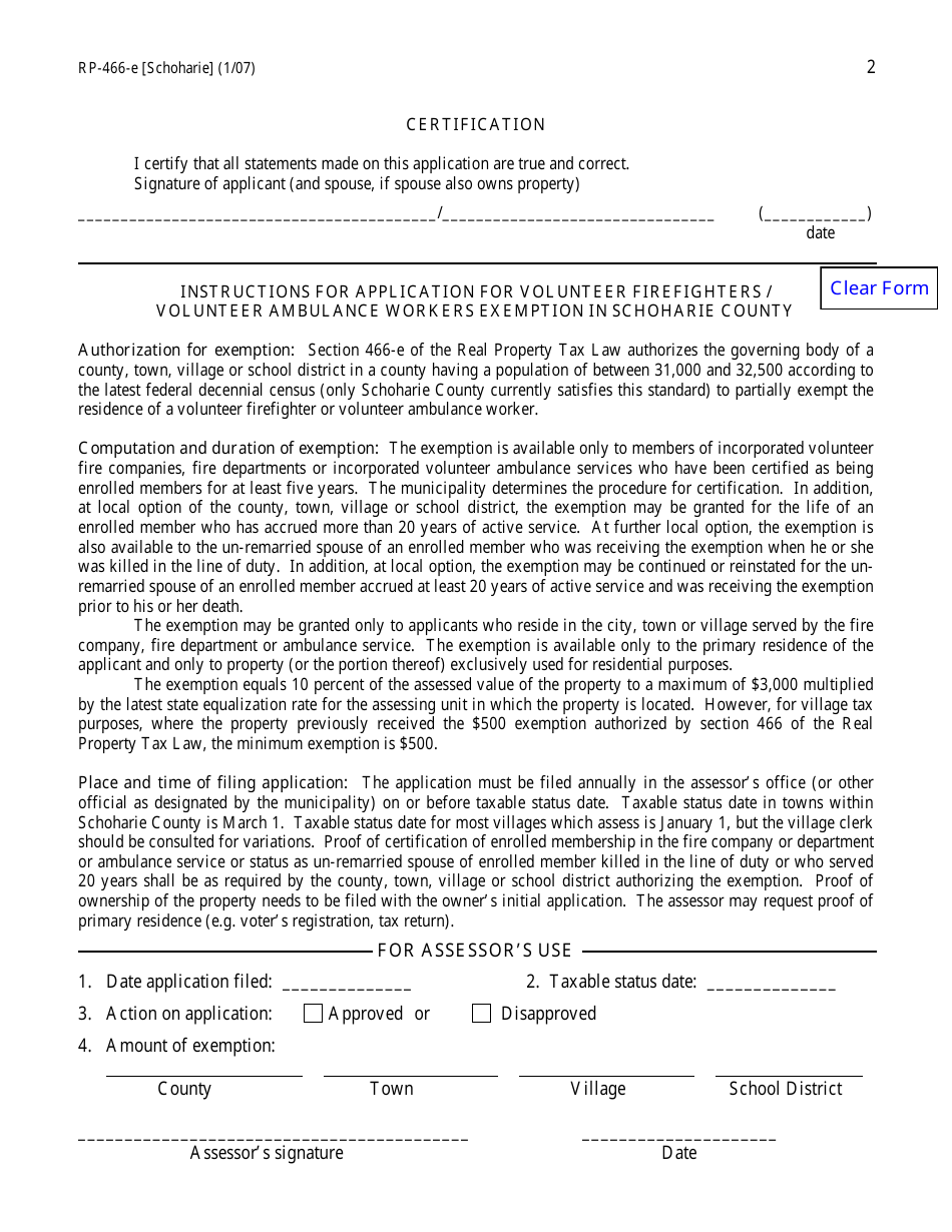 Form RP-466-E [SCHOHARIE] Application for Volunteer Firefighters / Volunteer Ambulance Workers Exemption (For Use in Schoharie County Only) - New York, Page 2