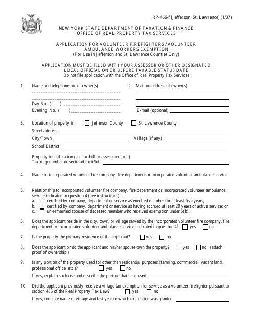 Form RP-466-F [JEFFERSON, ST. LAWRENCE]  Printable Pdf