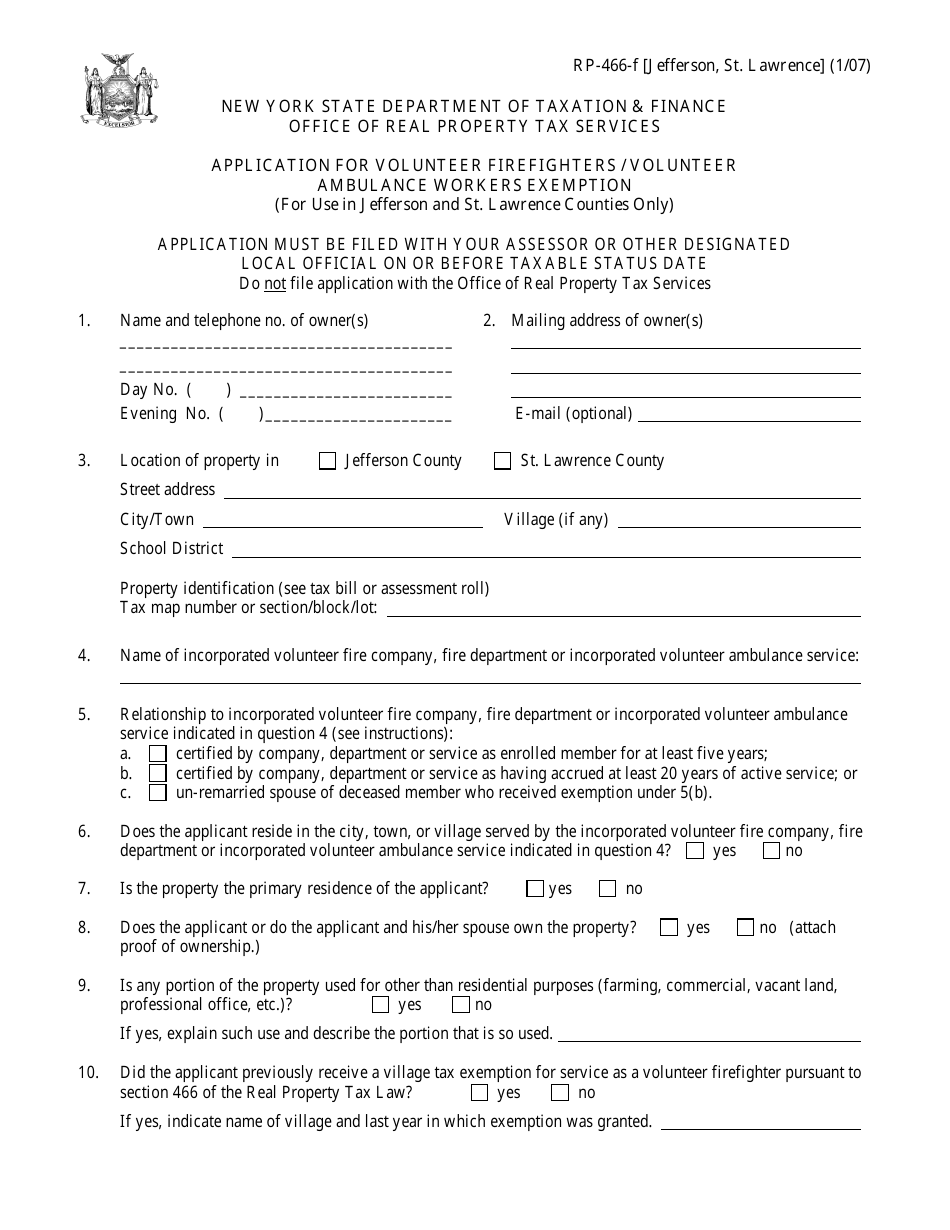 Form RP-466-F [JEFFERSON, ST. LAWRENCE] Application for Volunteer Firefighters / Volunteer Ambulance Workers Exemption (For Use in Jefferson and St. Lawrence Counties Only) - New York, Page 1