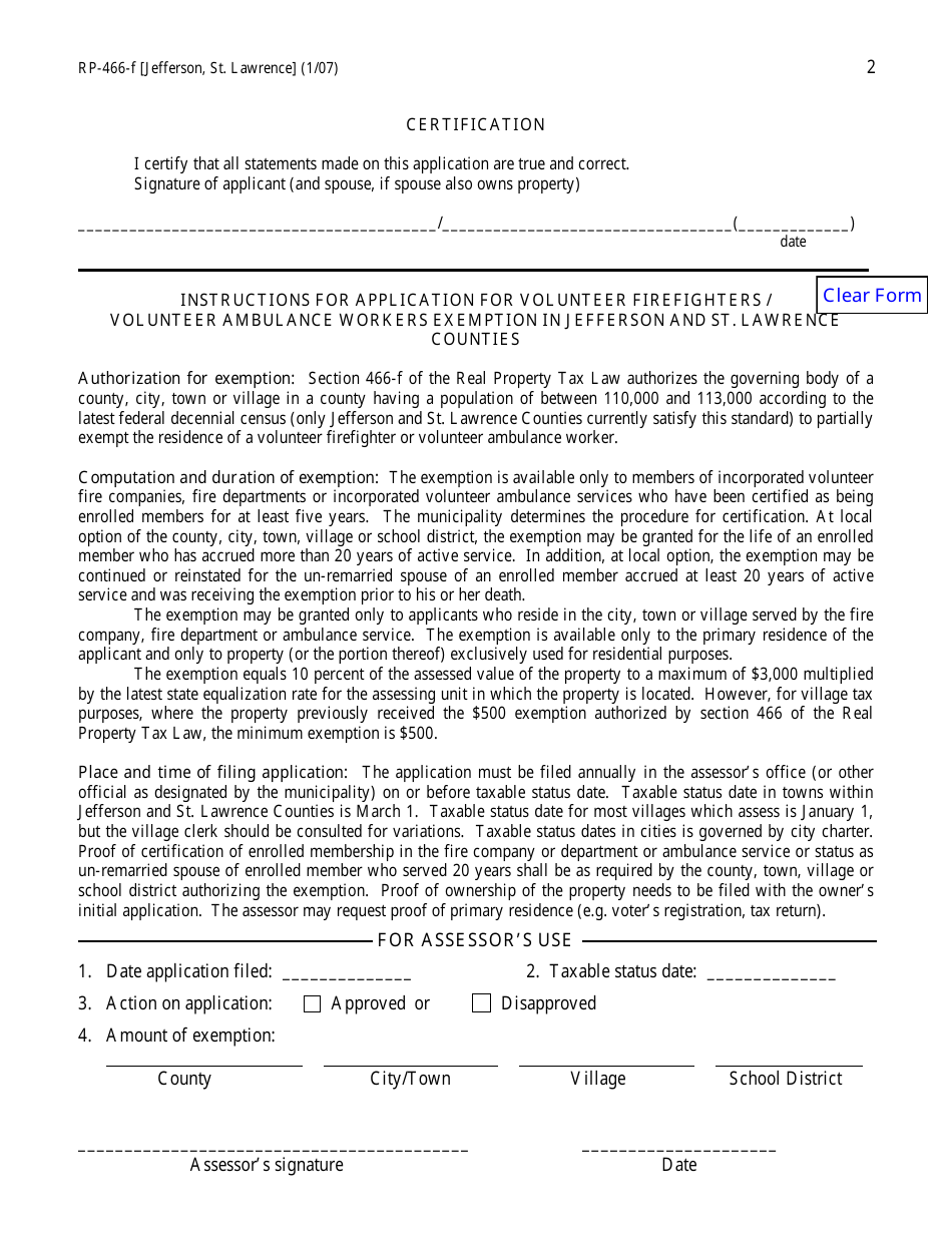 Form RP-466-F [JEFFERSON, ST. LAWRENCE] Application for Volunteer Firefighters / Volunteer Ambulance Workers Exemption (For Use in Jefferson and St. Lawrence Counties Only) - New York, Page 2