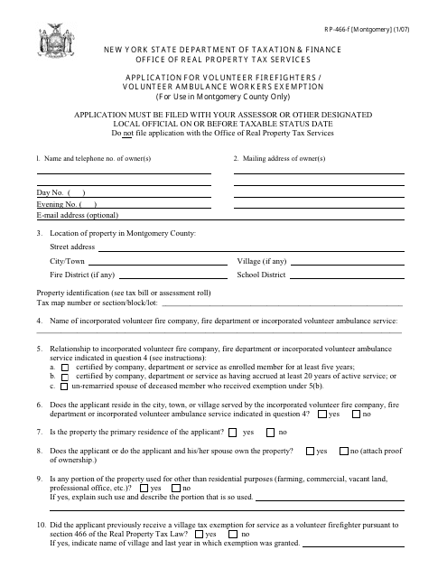 Form RP-466-F [MONTGOMERY] Application for Volunteer Firefighters / Volunteer Ambulance Workers Exemption (For Use in Montgomery County Only) - New York