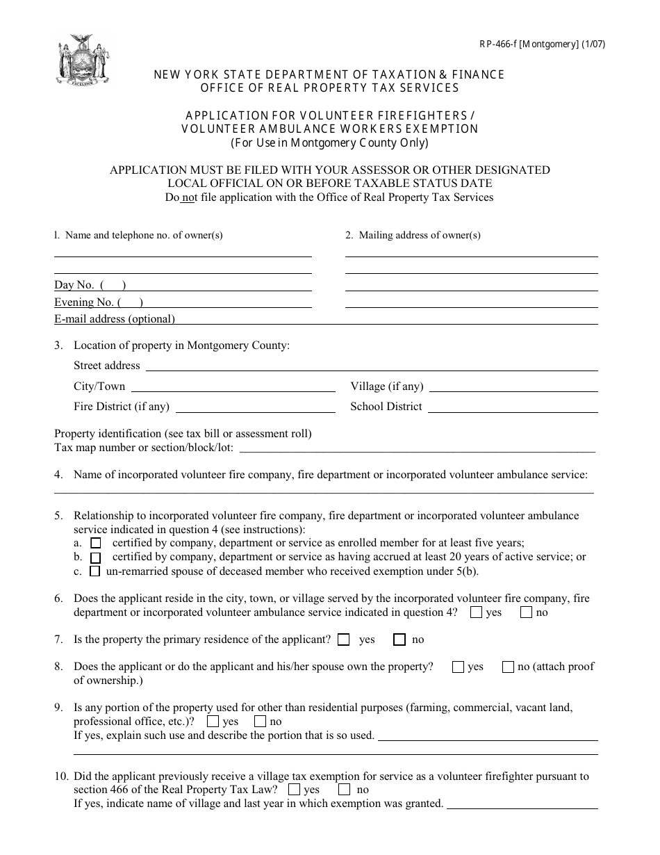 Form RP-466-F [MONTGOMERY] Application for Volunteer Firefighters / Volunteer Ambulance Workers Exemption (For Use in Montgomery County Only) - New York, Page 1