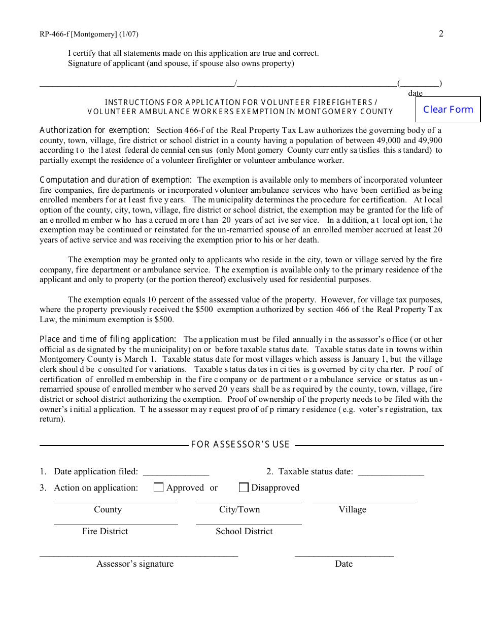 Form RP-466-F [MONTGOMERY] Application for Volunteer Firefighters / Volunteer Ambulance Workers Exemption (For Use in Montgomery County Only) - New York, Page 2