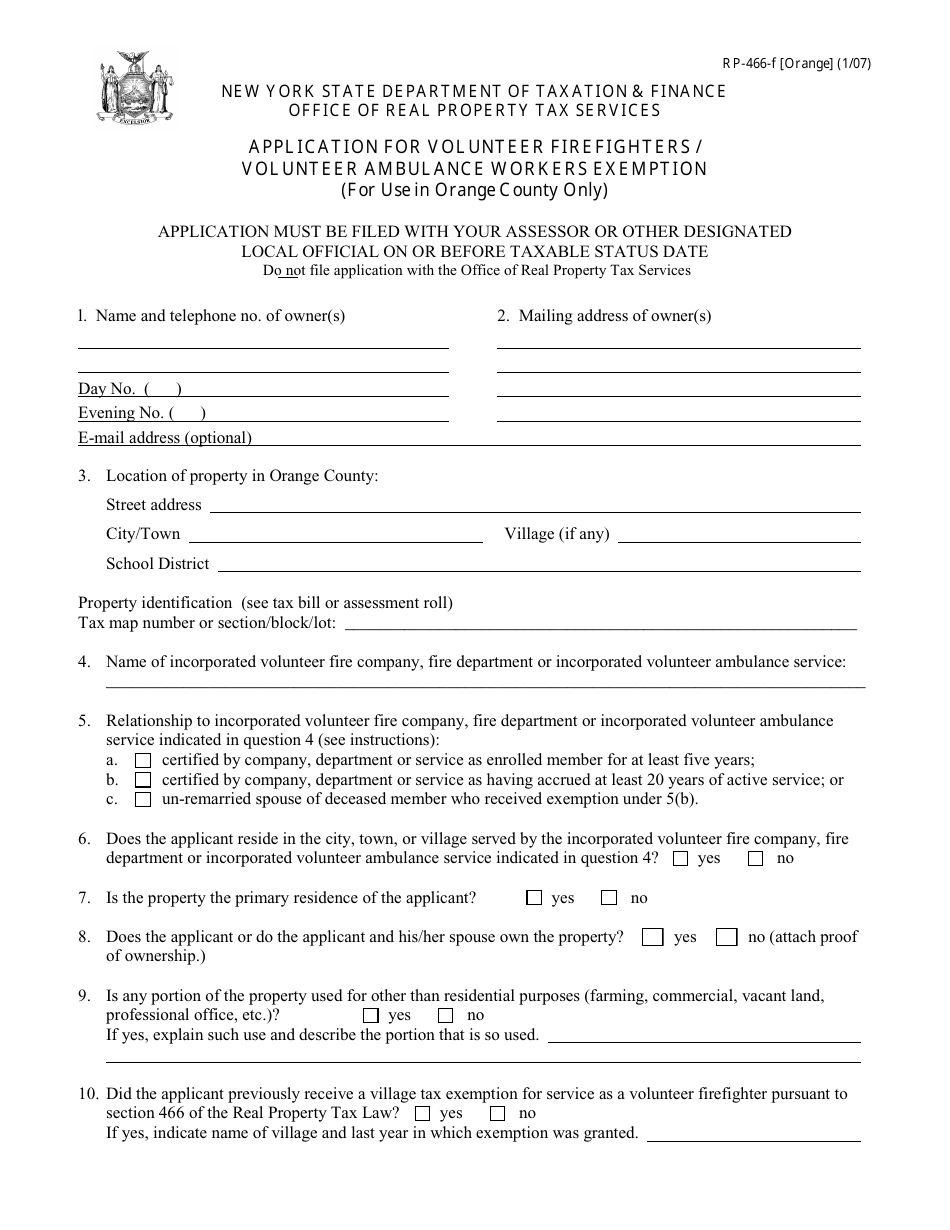 Form RP-466-F [ORANGE] Application for Volunteer Firefighters / Volunteer Ambulance Workers Exemption (For Use in Orange County Only) - New York, Page 1
