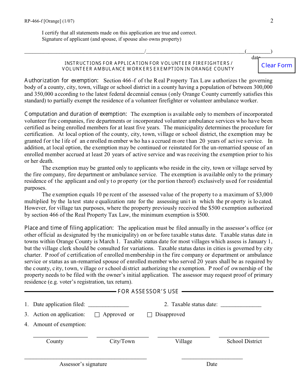 Form RP-466-F [ORANGE] Application for Volunteer Firefighters / Volunteer Ambulance Workers Exemption (For Use in Orange County Only) - New York, Page 2