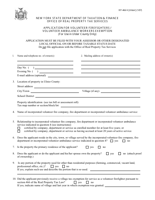 Form RP-466-H [ULSTER] Application for Volunteer Firefighters / Volunteer Ambulance Workers Exemption (For Use in Ulster County Only) - New York