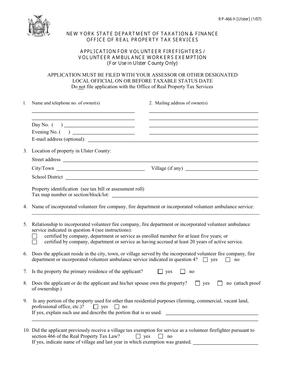 Form RP-466-H [ULSTER] Application for Volunteer Firefighters / Volunteer Ambulance Workers Exemption (For Use in Ulster County Only) - New York, Page 1