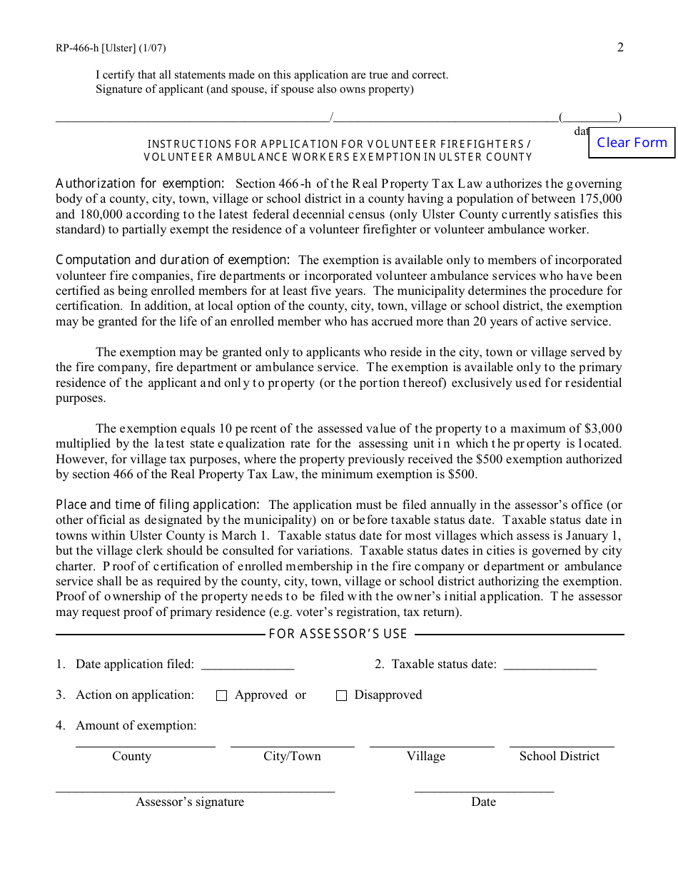 Form RP-466-H [ULSTER] Application for Volunteer Firefighters / Volunteer Ambulance Workers Exemption (For Use in Ulster County Only) - New York, Page 2