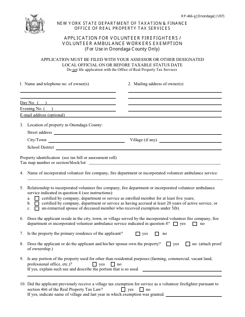 Form RP-466-G [ONONDAGA] Application for Volunteer Firefighters / Volunteer Ambulance Workers Exemption (For Use in Onondaga County Only) - New York