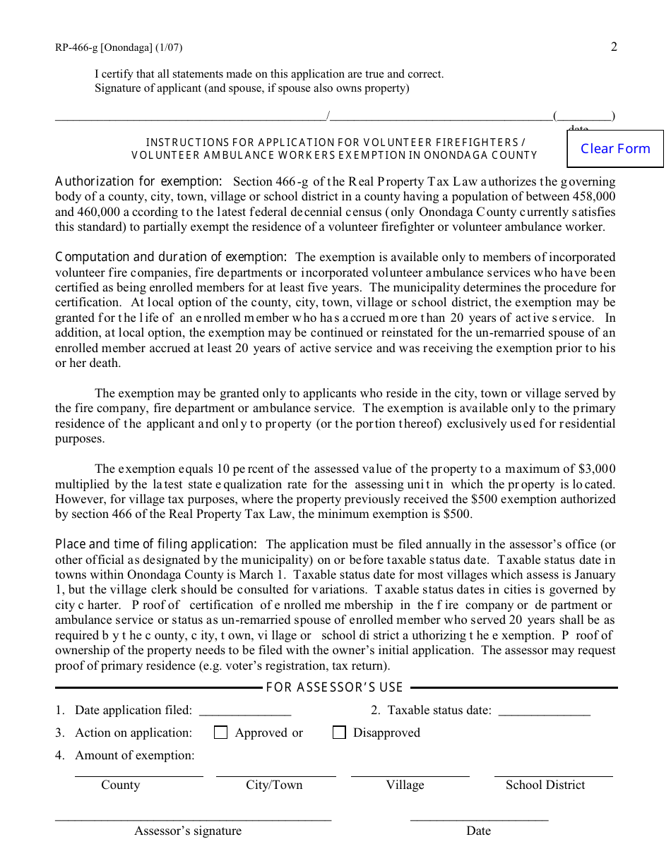 Form RP-466-G [ONONDAGA] Application for Volunteer Firefighters / Volunteer Ambulance Workers Exemption (For Use in Onondaga County Only) - New York, Page 2