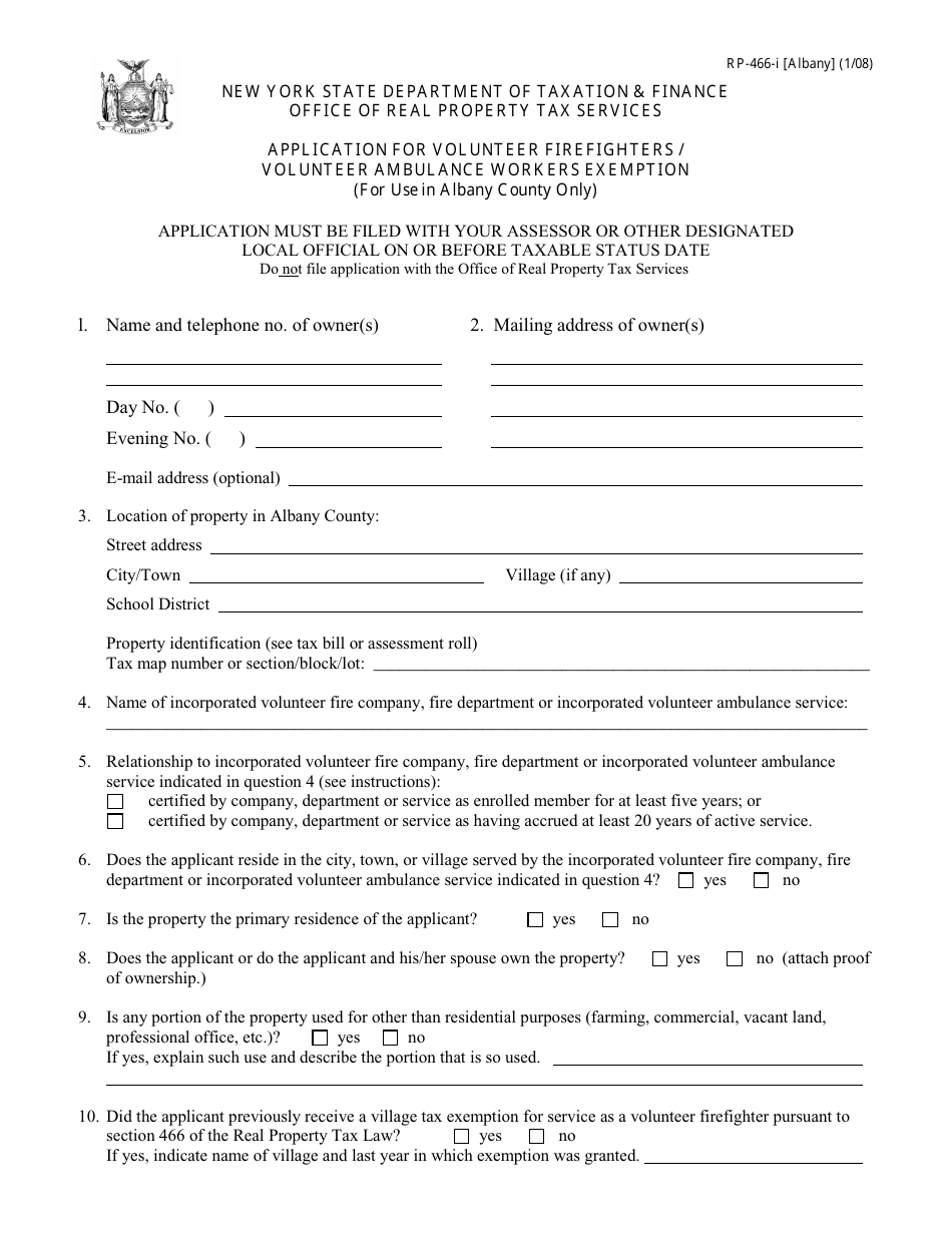 Form RP-466-I [ALBANY] Application for Volunteer Firefighters / Volunteer Ambulance Workers Exemption (For Use in Albany County Only) - New York, Page 1