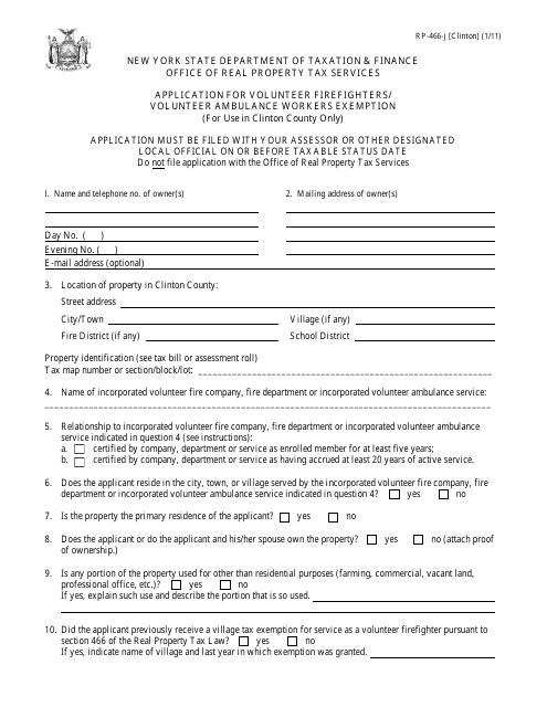 Form RP-466-J [CLINTON] Application for Volunteer Firefighters/ Volunteer Ambulance Workers Exemption (For Use in Clinton County Only) - New York