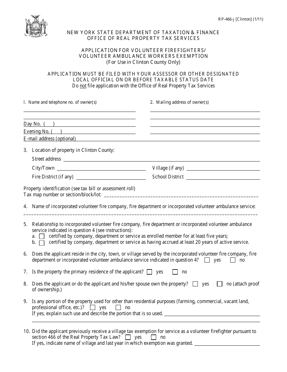 Form RP-466-J [CLINTON] Application for Volunteer Firefighters / Volunteer Ambulance Workers Exemption (For Use in Clinton County Only) - New York, Page 1