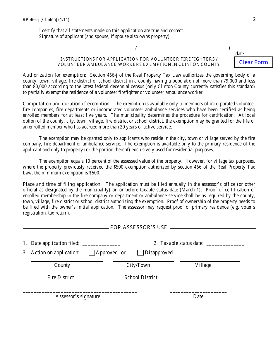 Form RP-466-J [CLINTON] Application for Volunteer Firefighters / Volunteer Ambulance Workers Exemption (For Use in Clinton County Only) - New York, Page 2