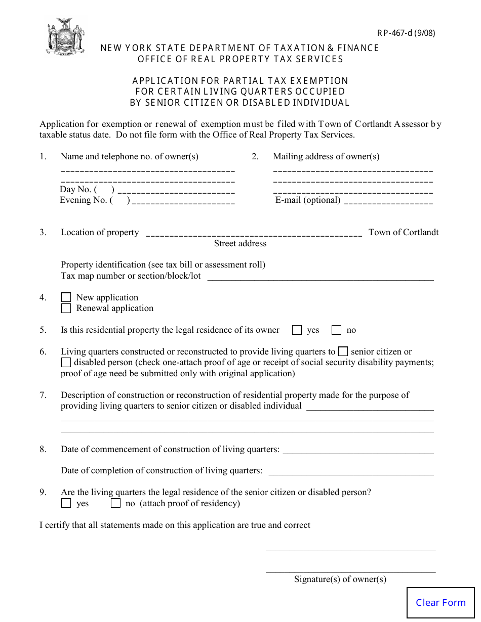Form RP-467-d Application for Partial Tax Exemption for Certain Living Quarters Occupied by Senior Citizen or Disabled Individual - New York, Page 1