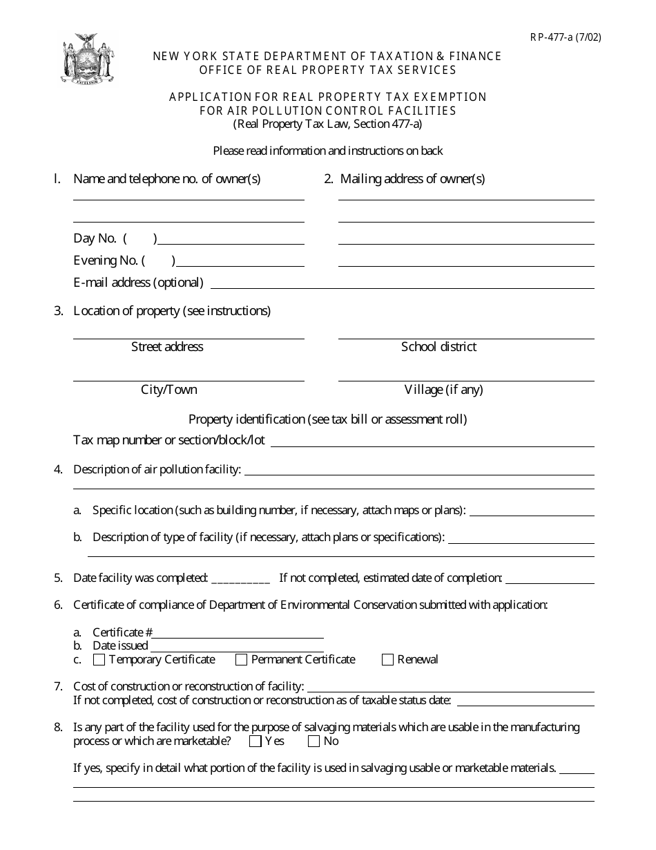 Form RP-477-a Application for Real Property Tax Exemption for Air Pollution Control Facilities - New York, Page 1
