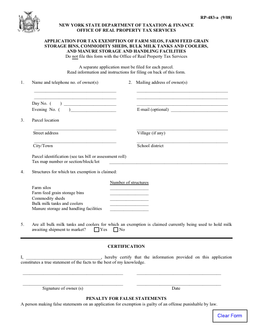 Form RP-483-a Application for Tax Exemption of Farm Silos, Farm Feed Grain Storage Bins Commodity Sheds, Bulk Milk Tanks and Coolers, and Manure Storage and Handling Facilities - New York