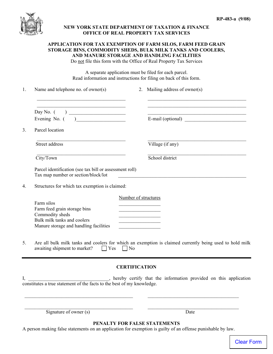 Form RP-483-a Application for Tax Exemption of Farm Silos, Farm Feed Grain Storage Bins Commodity Sheds, Bulk Milk Tanks and Coolers, and Manure Storage and Handling Facilities - New York, Page 1