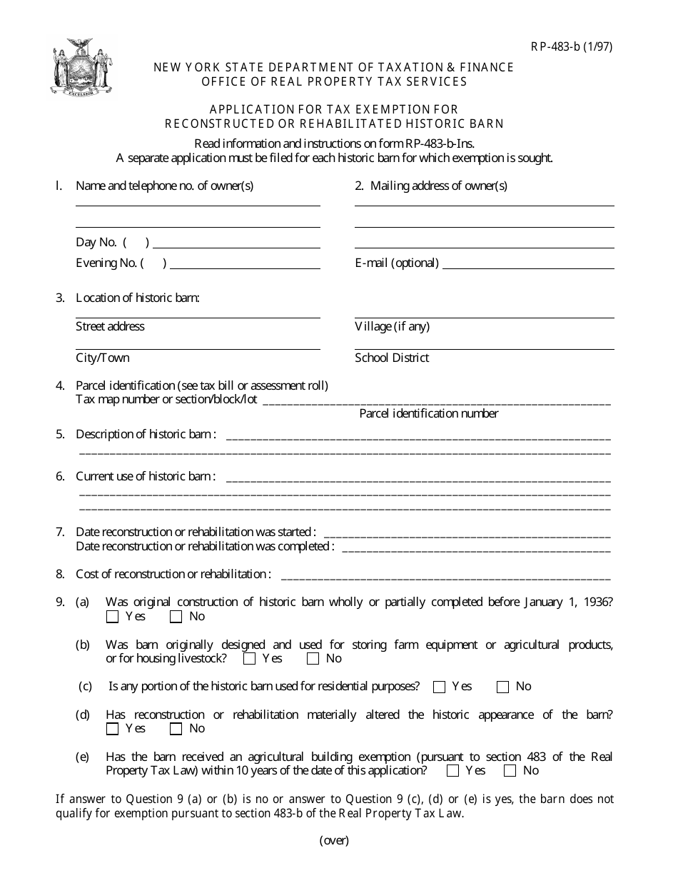 Form RP-483-b Application for Tax Exemption for Reconstructed or Rehabilitated Historic Barn - New York, Page 1