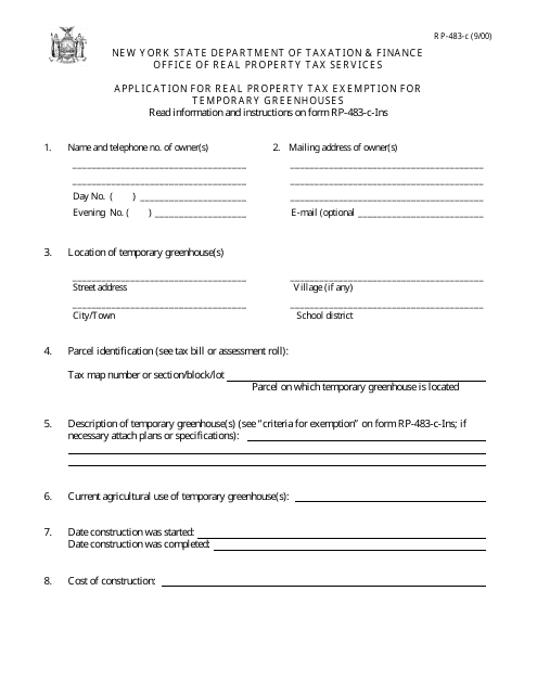 Form RP-483-c Application for Real Property Tax Exemption for Temporary Greenhouses - New York