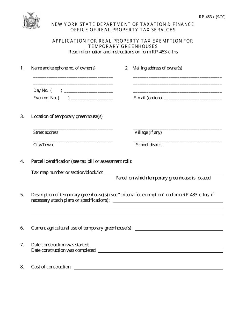Form RP-483-c Application for Real Property Tax Exemption for Temporary Greenhouses - New York, Page 1