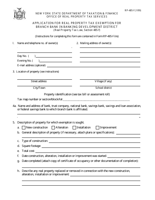 Form RP-485-f Application for Real Property Tax Exemption for Branch Bank in Banking Development District - New York