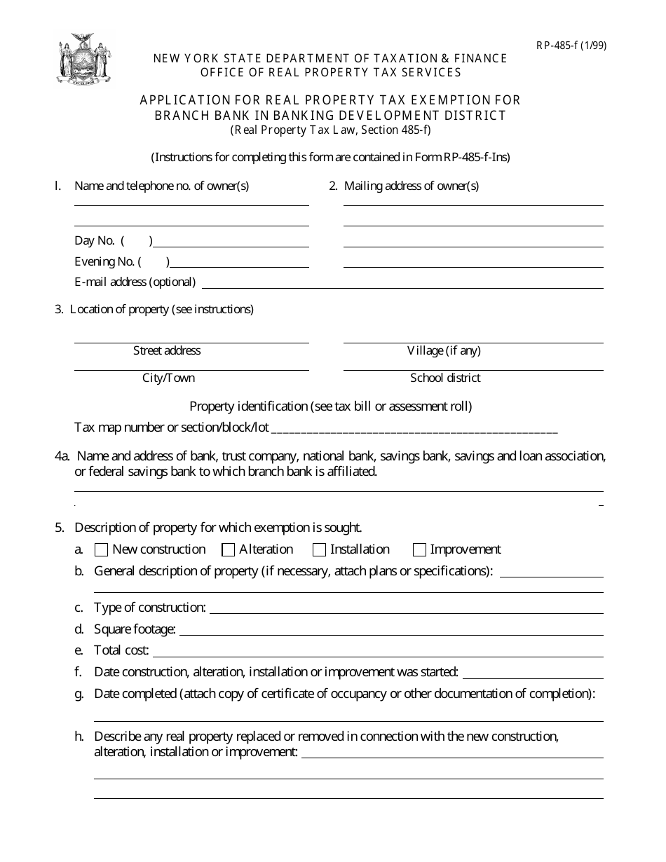Form RP-485-f Application for Real Property Tax Exemption for Branch Bank in Banking Development District - New York, Page 1